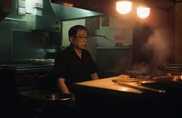 Wall Mural - A man standing in a kitchen preparing food. Generative AI image.