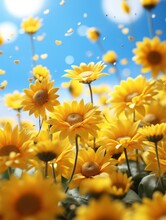 A Field Of Yellow Flowers With A Blue Sky In The Background. Generative AI Image.