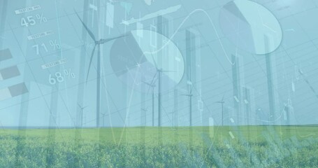 Canvas Print - Animation of statistical data processing over spinning windmills on grassland against blue sky