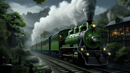 A green train traveling down train tracks next to a forest. Generative AI image.