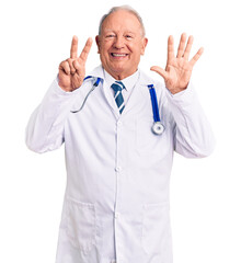 Sticker - Senior handsome grey-haired man wearing doctor coat and stethoscope showing and pointing up with fingers number seven while smiling confident and happy.