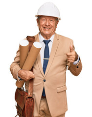 Sticker - Senior caucasian man wearing safety helmet holding blueprints smiling happy and positive, thumb up doing excellent and approval sign