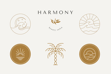 Abstract logo template with images of female, sunset, ocean, moon, flower crystals and arches. Modern minimal set of linear icons and emblems for social media, accommodation rental and travel services