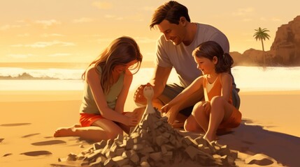 Sticker - A man and two children building a sand castle on the beach. Generative AI image.