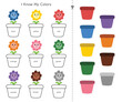 Match the colors activity for kids. Matching game with cute flowers and pots. Learning colors for toddlers. Cut and glue worksheet. Vector illustration