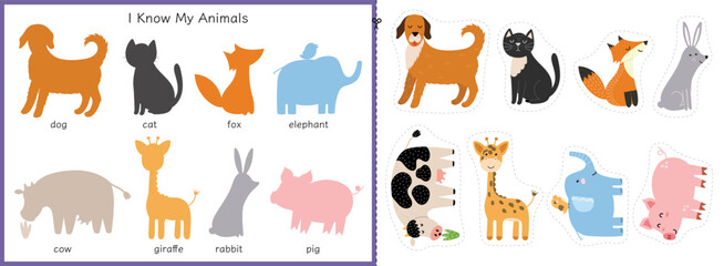 Wall Mural - Match the animals activity for kids. Matching game with cute characters. Learning animals for toddlers. Cut and glue worksheet. Vector illustration