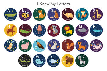 Sticker - Animal alphabet stickers for kids. Letters from A to Z. Circle labels with letters and cute zoo characters. Educational poster. Vector illustration