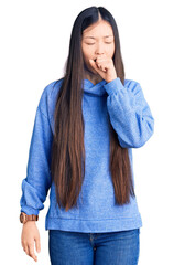 Sticker - Young beautiful chinese woman wearing casual turtleneck sweater feeling unwell and coughing as symptom for cold or bronchitis. health care concept.