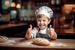 © zamuruev - cute little chef in apron and hat chef with freshly baked bread gesturing thumbs up. generative AI