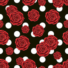 Pattern With Big Polka Dot Ornament, Blooming Red Roses Of Various Size On Black Background. Simple, Conspicuous, Fashionable Bright Illustration. For Prints, Clothing, Surface Design.