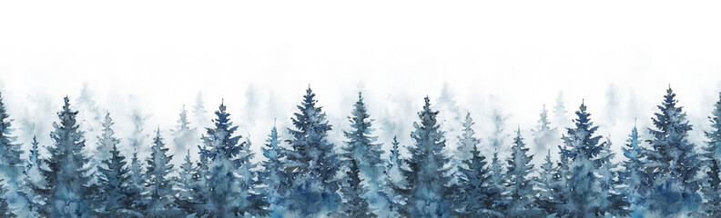 Wall Mural - hand painted illustration, watercolor seamless pattern with blue trees in the mist