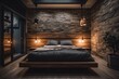 © Lasvu - a contemporary stone pine bed with hanging lamps, LED illumination, and a black slatted ceiling. Generative AI