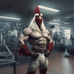 Wall Mural - fit Rooster standing at the gym, Fit Rooster strutting his stuff at the gym, generative AI