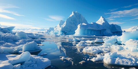 Wall Mural - ice icebergs and snow covered rocks against the sea created with the help of artificial intelligence