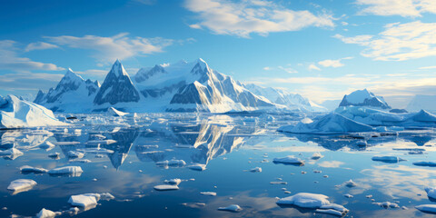 Wall Mural - ice icebergs and snow covered rocks against the sea created with the help of artificial intelligence