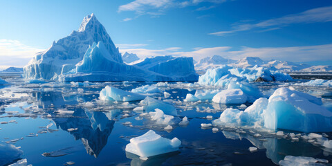 Wall Mural - ice icebergs and snow covered rocks against the sea created with the help of artificial intelligence