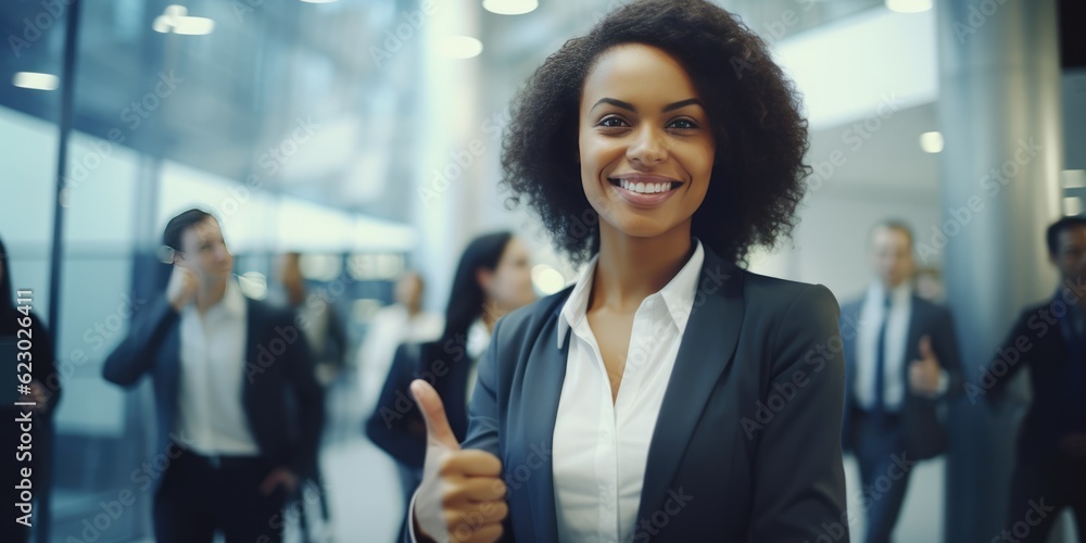 Happy business woman african american giving thumbs up looking at ...