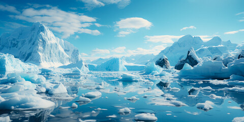 ice icebergs and snow covered rocks against the sea created with the help of artificial intelligence