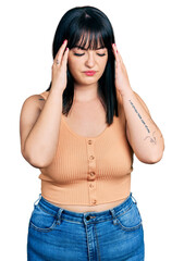 Sticker - Young hispanic plus size woman wearing casual clothes with hand on head for pain in head because stress. suffering migraine.