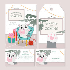 Wall Mural - Baby shower invitation set with cute cat