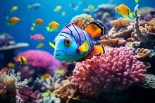 Turtle With A Group Of Colorful Fish And Sea Animals. Generative AI