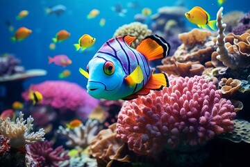 Turtle with a Group of Colorful Fish and Sea Animals. Generative AI