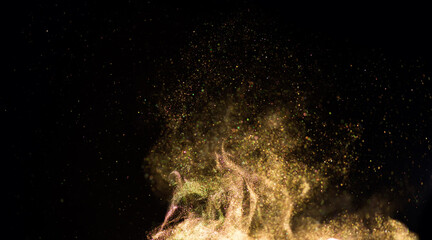 Wall Mural - golden sparks, gold powder, dust, magic christmas and new year glittering stars swirl on black backg