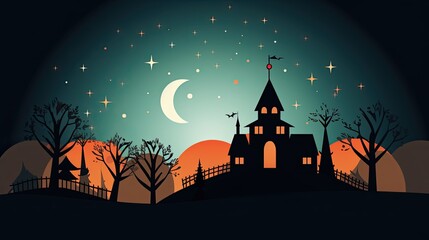 Wall Mural - Happy Halloween poster with abstract houses silhouettes on landscape and big moon on the sky. Halloween night concept. AI illustration. For wallpaper, flyer, etc.