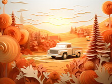 Orange Fall Farm Landscape With White Truck Paper Collage Made With Generative Ai