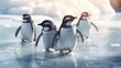 Cute little penguins as they gracefully waddle on the shimmering ice, their black and white plumage creating a striking contrast against the frozen backdrop. Generated by AI.