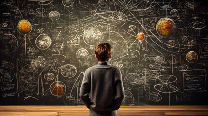  Back view of a schoolboy standing in front of a blackboard with math formulas