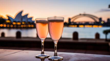 Wall Mural - Two glasses of rose champagne with Sydney Opera House in the background.