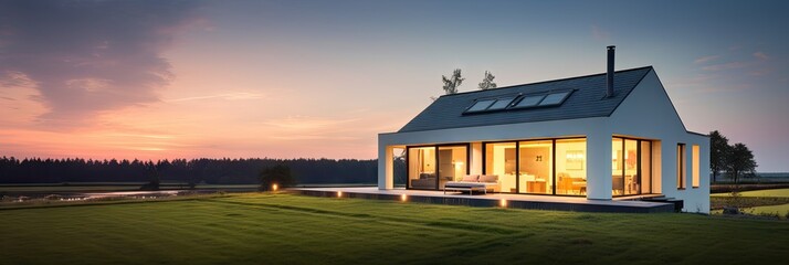 Wall Mural - evening landscape. beautiful sunset over green meadow with house in background