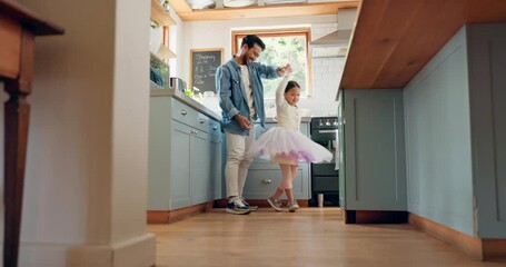 Canvas Print - Support, love and ballet girl bonding with father in a kitchen together, excited and playing as a dancer pr ballerina. Tutu, dad and man dancing with kid with motivation or happiness in house or home