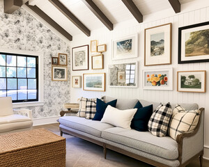 Wall Mural - Living room gallery wall, home decor and wall art, framed art in the English country cottage interior, room for diy printable artwork mockup and print shop