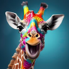 Dripping Picture, Colorful, Bright, In Rainbow Colors Giraffe Close-up With A Rainbow Photon, Illustration, Generative AI