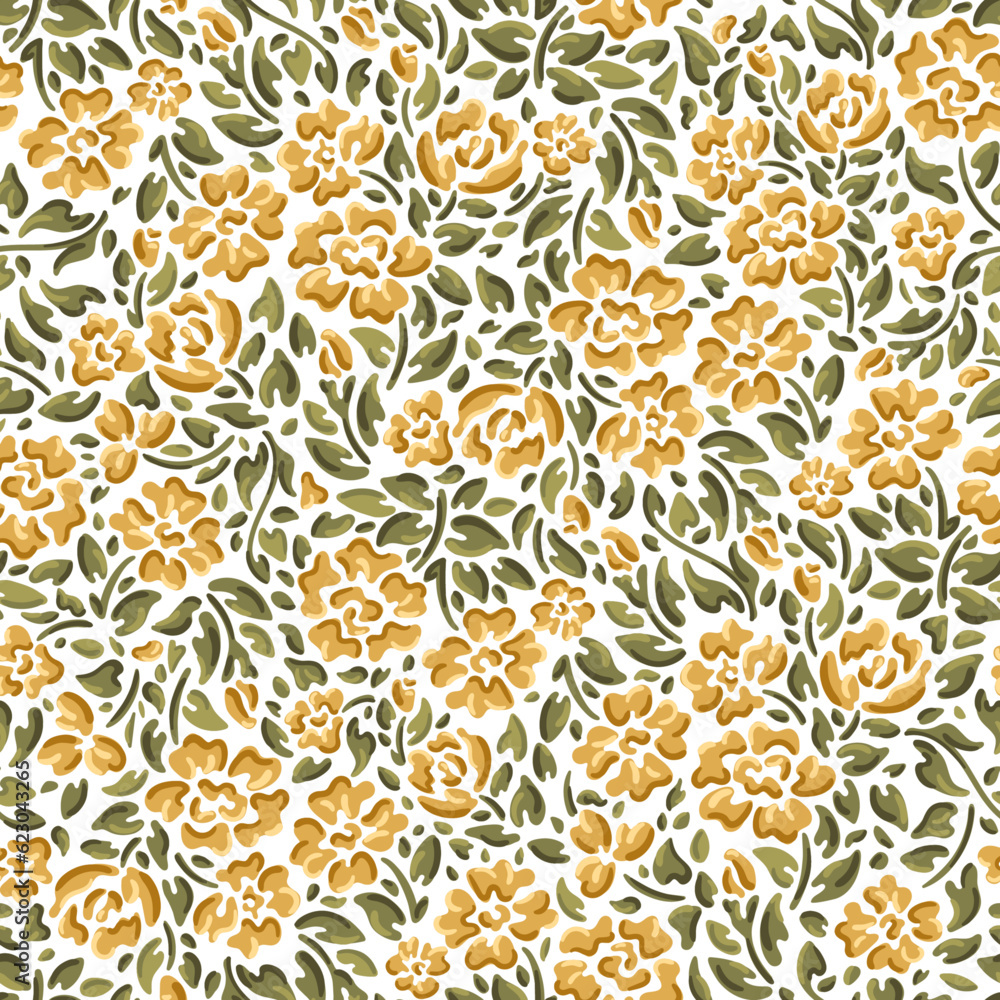 Yellow cute flowers with leaves of volume style seamless pattern for ...