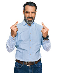 Sticker - Middle aged man with beard wearing business shirt showing middle finger doing fuck you bad expression, provocation and rude attitude. screaming excited