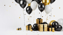 Celebration White Background With Black And Gold Balloons, Gifts And Confetti. AI Generation