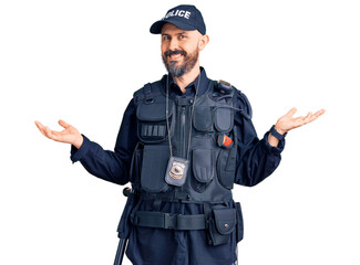 Sticker - Young handsome man wearing police uniform smiling showing both hands open palms, presenting and advertising comparison and balance