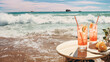 Cocktail serviert auf dem Tisch mit Strand im Hintergrund, ai generativ
