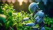 humanoid robot android farmer helps grow plants, vegetable garden of the future, futuristic food growing technology, agriculture development