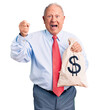 © Krakenimages.com - Senior handsome grey-haired man wearing elegant clothes holding money bag screaming proud, celebrating victory and success very excited with raised arms