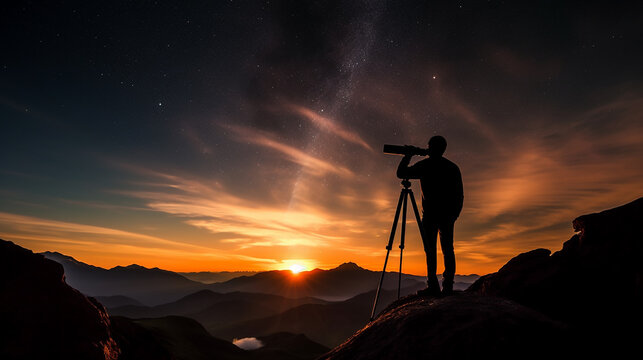 A person immersed in stargazing through a telescope, their silhouette against a vibrant sunset backdrop. 