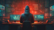 © ds17 - Hooded hacker on digital red background. AI generation