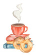 Watercolor composition of books, cups of coffee and donuts, cozy mood