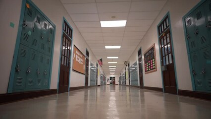 Low angle push in down a long empty high school hallway with US American flag with the corridor lined with student lockers.