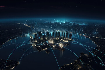 a globe of a planet surrounded by neural neon nexus lines, grid and nodes. creative concept of techn