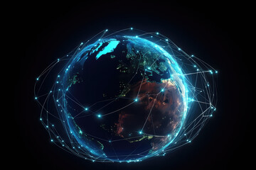a globe of a planet surrounded by neural neon nexus lines, grid and nodes. creative concept of techn