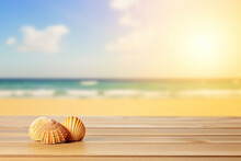 Top Of Wood Table With Shells And Seascape. Vacation Background. Ai Generated